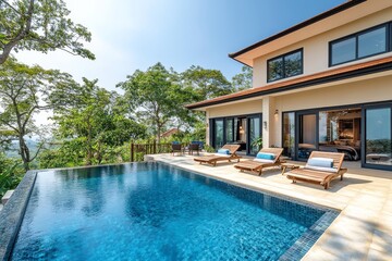 Fototapeta premium Two wooden sun loungers near swimming pool in front of house in Thailand.