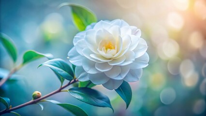 Fototapeta premium Miniature White Camellia Watercolor Clipart, Tilt-Shift Photography Style