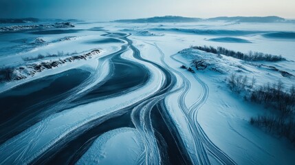 Serene Winter Landscape with Snowy River and Tranquil Terrain