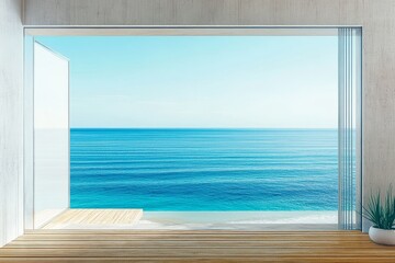 Fototapeta premium Modern beach house interior with wooden floor, white wall, glass door, and panoramic sea view.