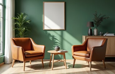 Modern Scandinavian design living room with brown leather armchairs. Round coffee table, green wall, blank poster mockup and wooden cabinet. Interior with indoor plant and light from window.