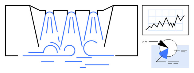 Water flow through dam spillway paired with data charts showing rising trends and pie chart analysis. Ideal for sustainability, water management, statistics, renewable energy, engineering, analytics