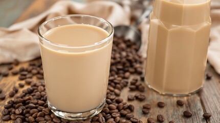 Coffee cream liqueur in glasses and beans on wooden table, closeup 