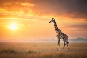 Obraz premium Minimalist Baby Giraffe Portrait: Gentle Giant in Serengeti Sunrise