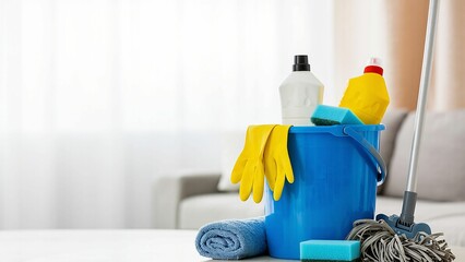 Cleaning supplies including a mop, sponges, gloves, and cleaning fluid in a blue bucket on a white surface.