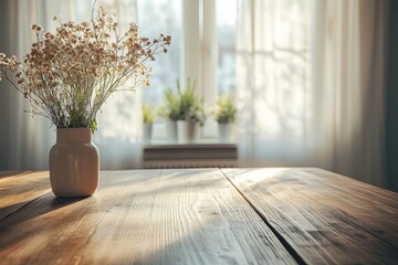 Decorative arrangement of dried flowers sitting on a wooden table