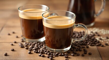 Coffee cream liqueur in glasses and beans on wooden table, closeup 