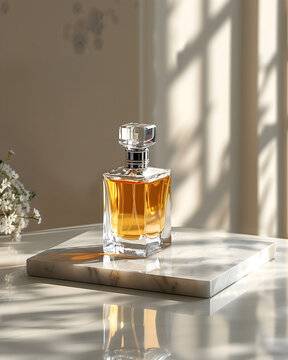 Luxury Cosmetic Product Display &ndash; Glass Perfume Bottle on Marble Platform, Soft Studio Lighting, Elegant Composition, High Resolution