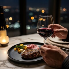 Elegant Dinner Setting with Steak and Red Wine at Night