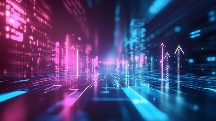 Glowing Pink and Blue Digital Cityscape Abstract Background