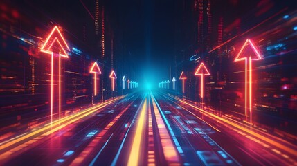 Glowing Neon Arrows on Digital Highway Futuristic Cityscape