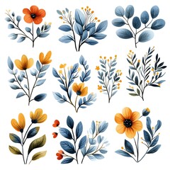 Twelve watercolor floral bouquets featu blue eucalyptus leaves and orange yellow flowers perfect for design projects and invitations.