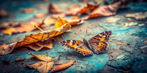 Minimalist Butterfly on Textured Surface with Delicate Leaves - Urban Exploration Photography