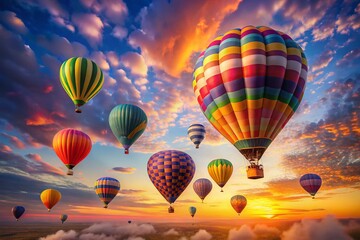 Naklejka premium Minimalist Colorful Hot Air Balloons Sunrise Sky Stock Photo