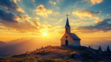 A wooden cross standing on a hill against a golden sunset, symbolizing faith and hope.