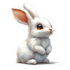 Obraz premium An adorable fluffy white bunny rabbit sits upright looking upward with big expressive eyes against a plain white background.