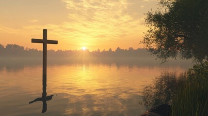 A wooden cross standing on a hill against a golden sunset, symbolizing faith and hope.
