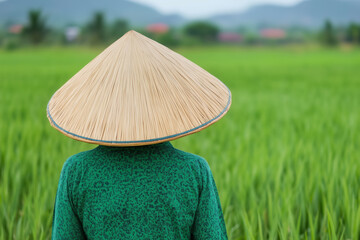 Asian farmer wearing a traditional conical straw hat standing in a lush green rice field, rural agricultural scene with blurred mountains and village in the background
