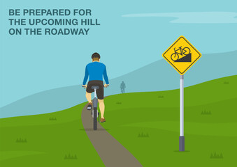 Safe driving tips and traffic regulation rules. Riding a bicycle on a grades and hills. Back view of a cyclist on a hill. Flat vector illustration template.