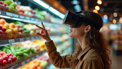 Woman uses virtual reality glasses to interact with food in grocery store. Girl wearing VR headset, makes purchase. Colorful items, fresh produce on shelf aisle, sensory consumer futuristic