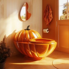 Obraz premium Pumpkin-shaped toilet in a cozy autumnal bathroom. A unique and whimsical design