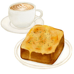 水彩で描いた食パン　チーズトースト　コーヒー
