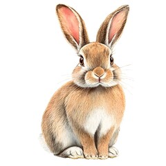 Fototapeta premium A cute brown bunny rabbit sits calmly and stares directly at the viewer with big ears and soft fur.