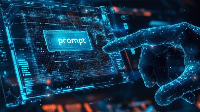 Futuristic AI prompt illustration in High-tech background concept. Ready to use command prompt box by hand robotic AI