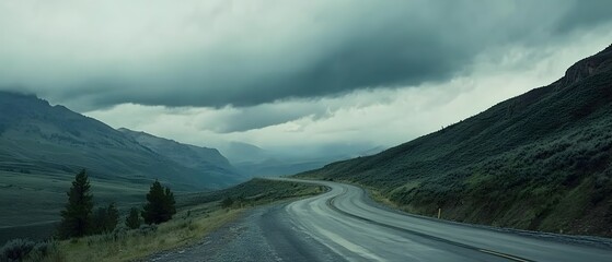 A curved empty road winds its way through a dramatic mountain landscape under a cloudy atmospheric sky with contemporary cinematic lighting