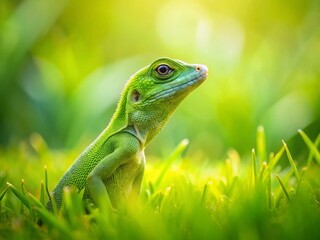 Fototapeta premium Minimalist Green Lizard on Grass - Wild Reptile Stock Photo