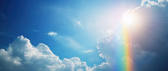 Panoramic sky gradient with prismatic sunlight piercing clouds, ideal for mental health campaigns, resort promotions and digital wallpaper designs