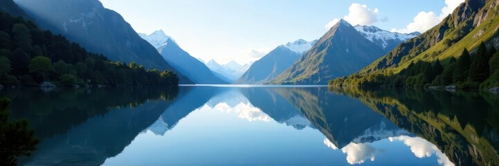 Naklejka premium Still waters of Mirror Lake, Taranaki's majestic reflection, sunset, still, forest