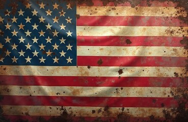Grungy American flag wear, tear, resilience, endurance. Worn weathered old vintage rustic patriotic red white blue stripes faded tattered distressed historical fabric emblem textured weather-beaten