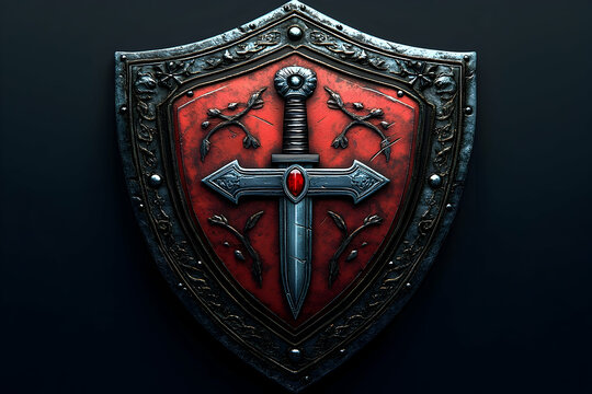 A detailed medieval shield featuring a sword and intricate floral designs against a dark background