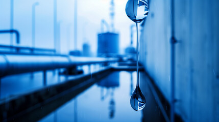 Close-up of water droplet falling from cooling tower, symbolizing Legionnaires' disease risk in industrial water systems, environmental health and safety concept.