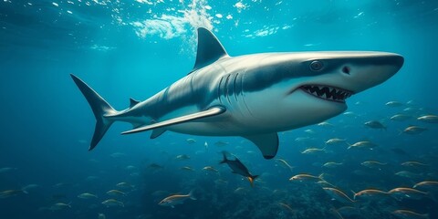 Fototapeta premium Majestic Great White Shark Underwater Scene A Powerful Apex Predator Surrounded by Smaller Fish in a Vibrant Ocean