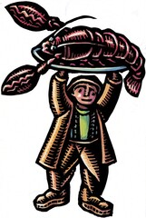 spot illustration of a fisherman in yellow raincoat holding a giant red lobster on a plate overhead