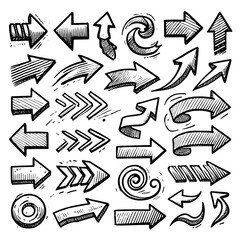 Set of black hand drawn arrows in multiple shapes