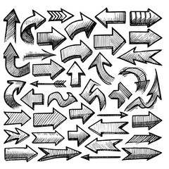 Set of black hand drawn arrows in multiple shapes