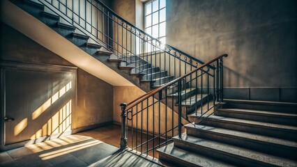 Obraz premium Minimalist Stairwell: Geometric Light and Shadow in Old Building