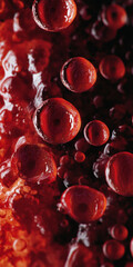 Abstract close-up of red liquid bubbles.