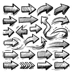 Set of black hand drawn arrows in multiple shapes