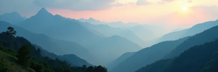 Fototapeta premium Misty mountain peaks shrouded in fog, sun rays breaking through, trees, background, golden hour