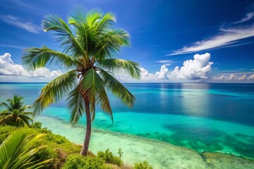 Fototapeta premium Minimalist Tropical Island Ocean View: Lush Green Foliage and Azure Waters