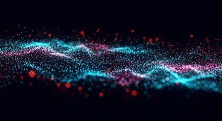 A futuristic digital landscape featuring flowing, glowing waveforms made of neon blue light particles