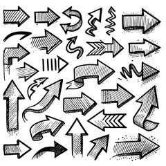 Set of black hand drawn arrows in multiple shapes
