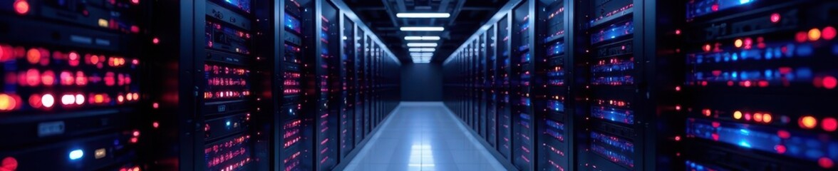 Fototapeta premium Sleek black server racks fill modern data center , server rack, data management