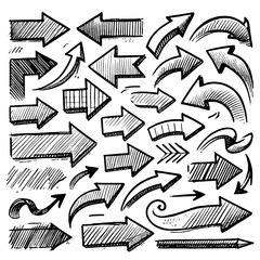Set of black hand drawn arrows in multiple shapes