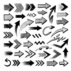 Set of black hand drawn arrows in multiple shapes