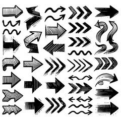 Set of black hand drawn arrows in multiple shapes